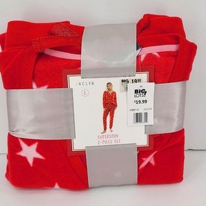 Jaclyn L Red White Pink stars superspan 2 piece pajama set cozy warm winter